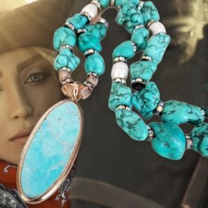 Hand Crafted Turquoise Pendant & Howlite Nugget Freshwater Pearl Beaded Necklace